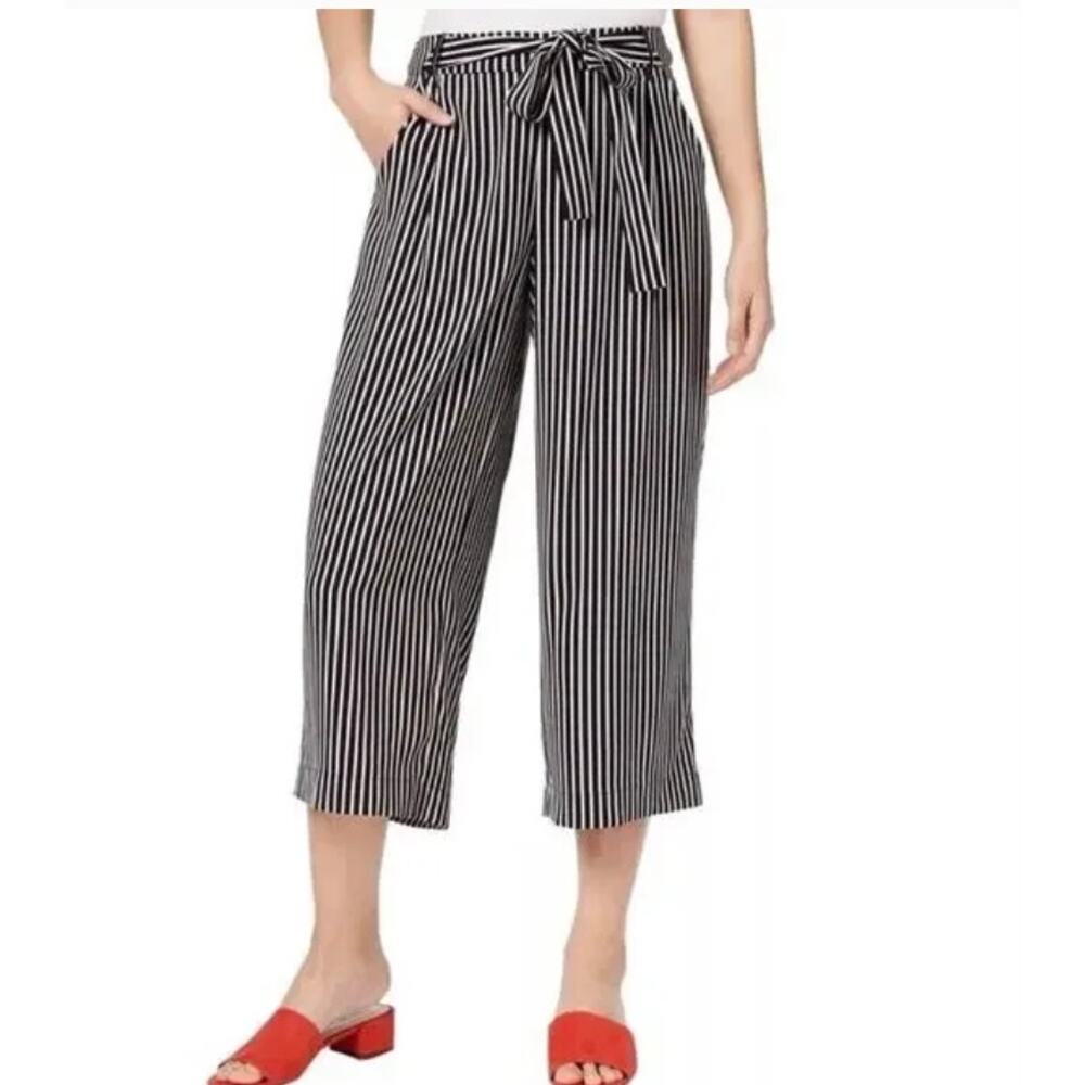 ZARA Black & White Striped Wide Leg Cropped Coulotte Pants Women's Size L